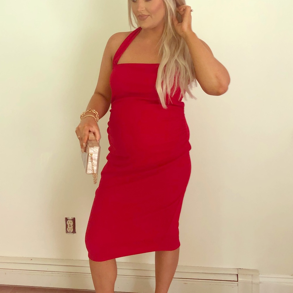 RED MATERNITY HALTER DRESS
